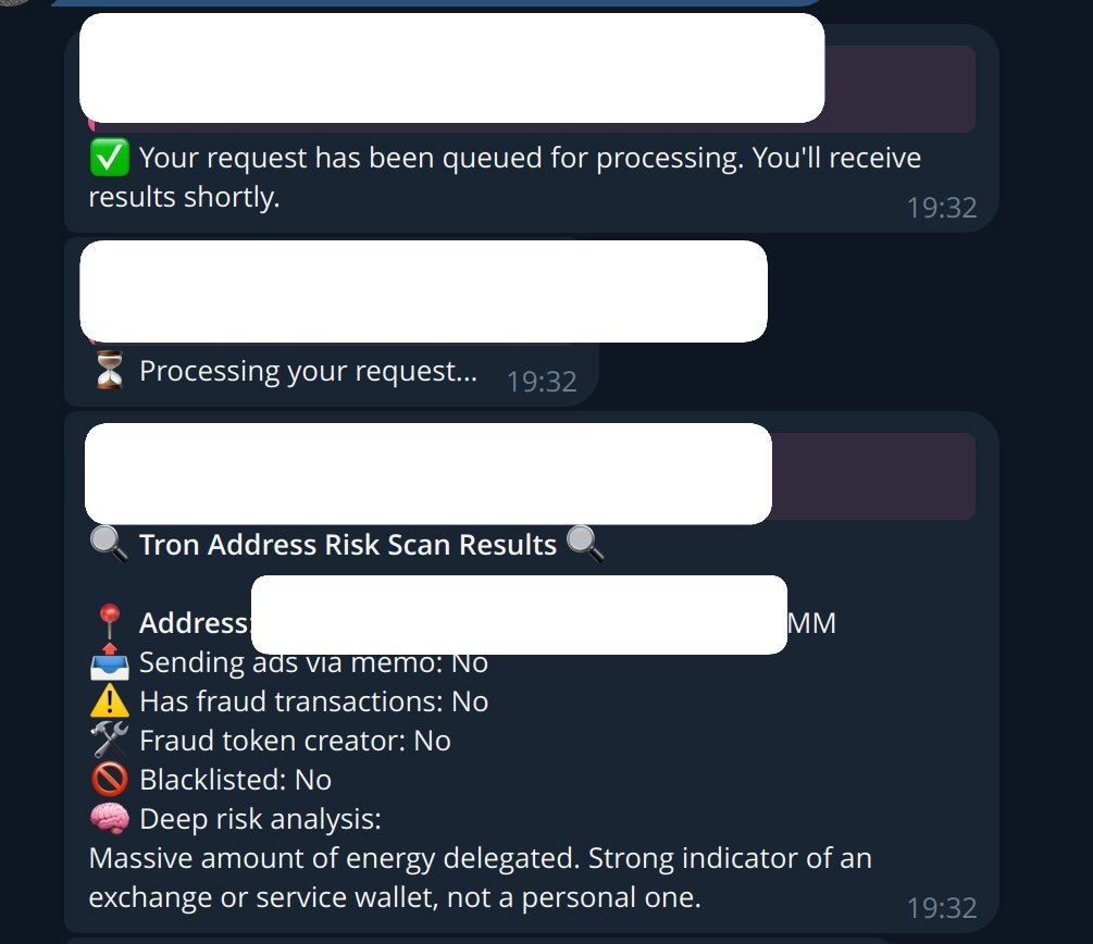 Screenshot of USDT Risk Checker bot interface showing how to enter a wallet address for AML check
