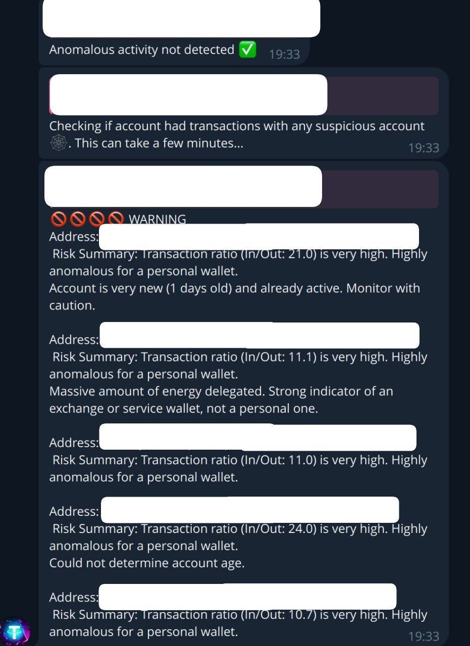 Screenshot of USDT Risk Checker bot displaying a sample AML risk assessment report